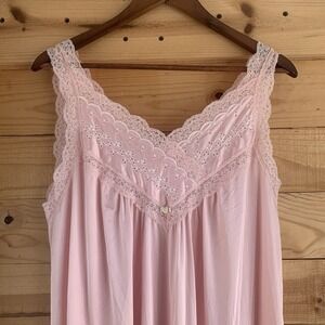 VTG 80s Vanity Fair Slip Nighty Dress Pale Pink S Sheer Eyelet Lace Flowers